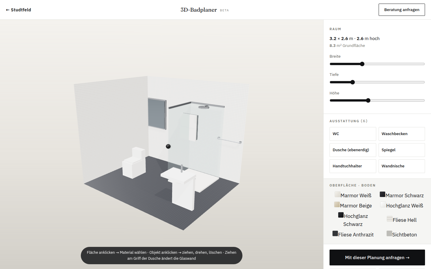 Vorschau des 3D-Badplaners von Studtfeld mit platzierten Marken-Sanitärobjekten