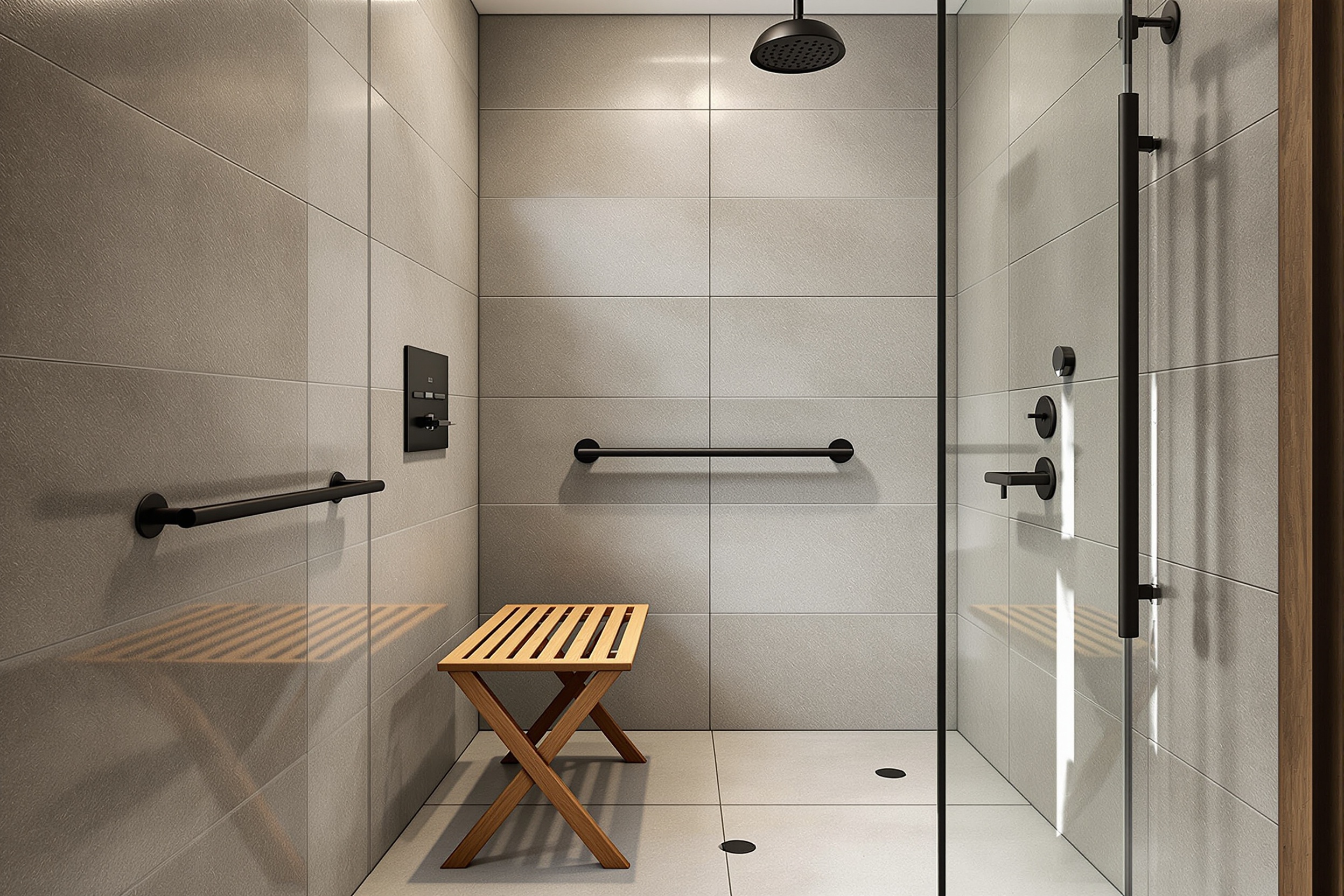 Bodengleiche, barrierefreie Dusche mit dezentem Haltegriff und Sitz, helle Steinfliesen
