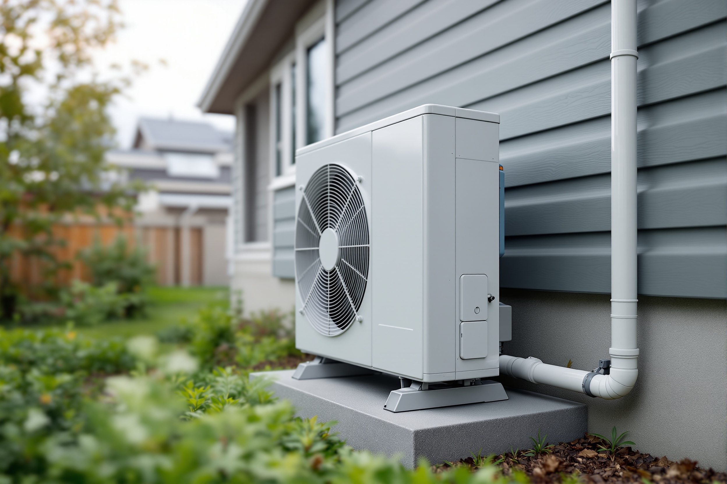 Nahaufnahme einer modernen Luft-Wasser-Wärmepumpe mit Ventilator neben einem Wohnhaus