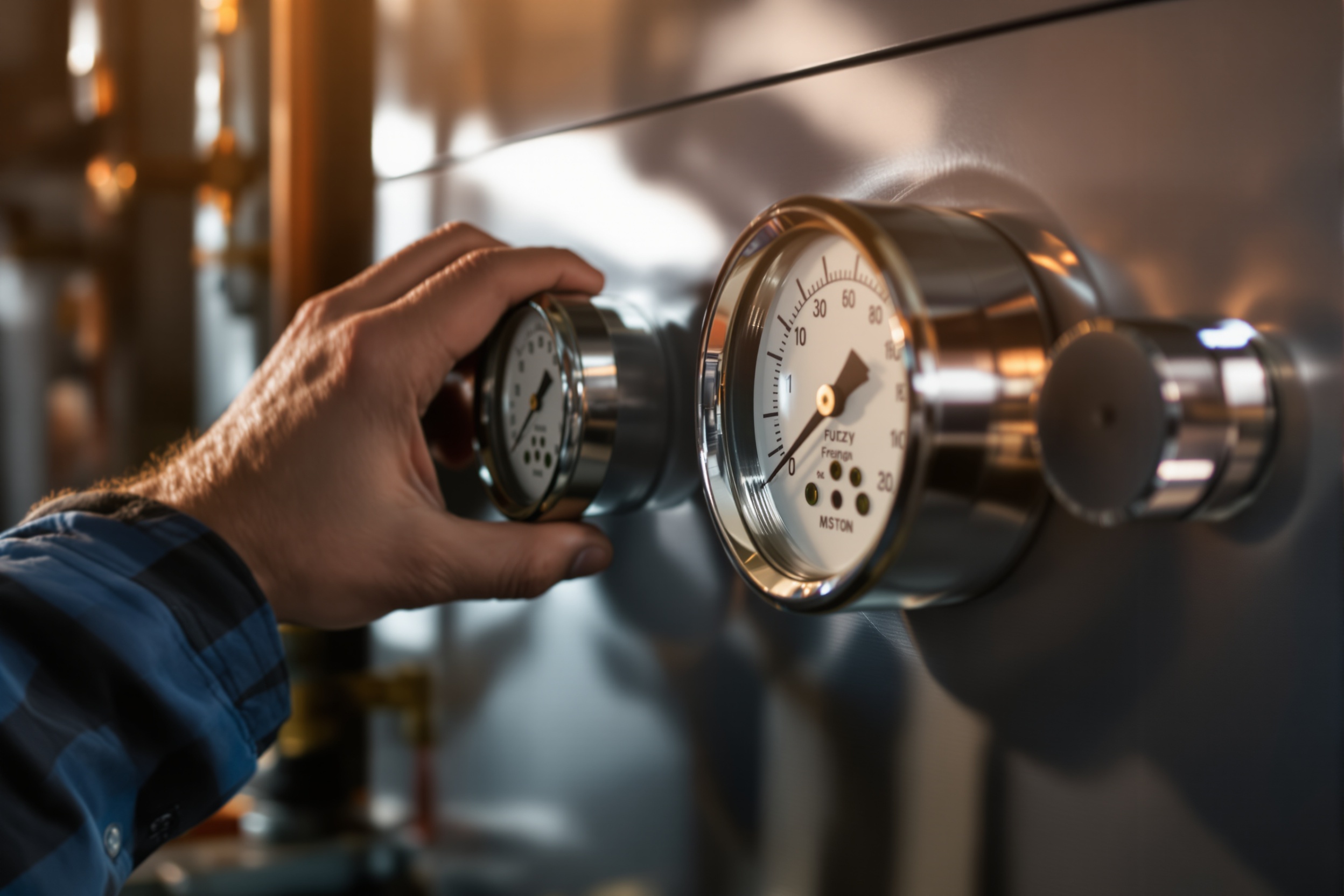 Handwerkerhand prüft Manometer und Ventile an einer modernen Heizung