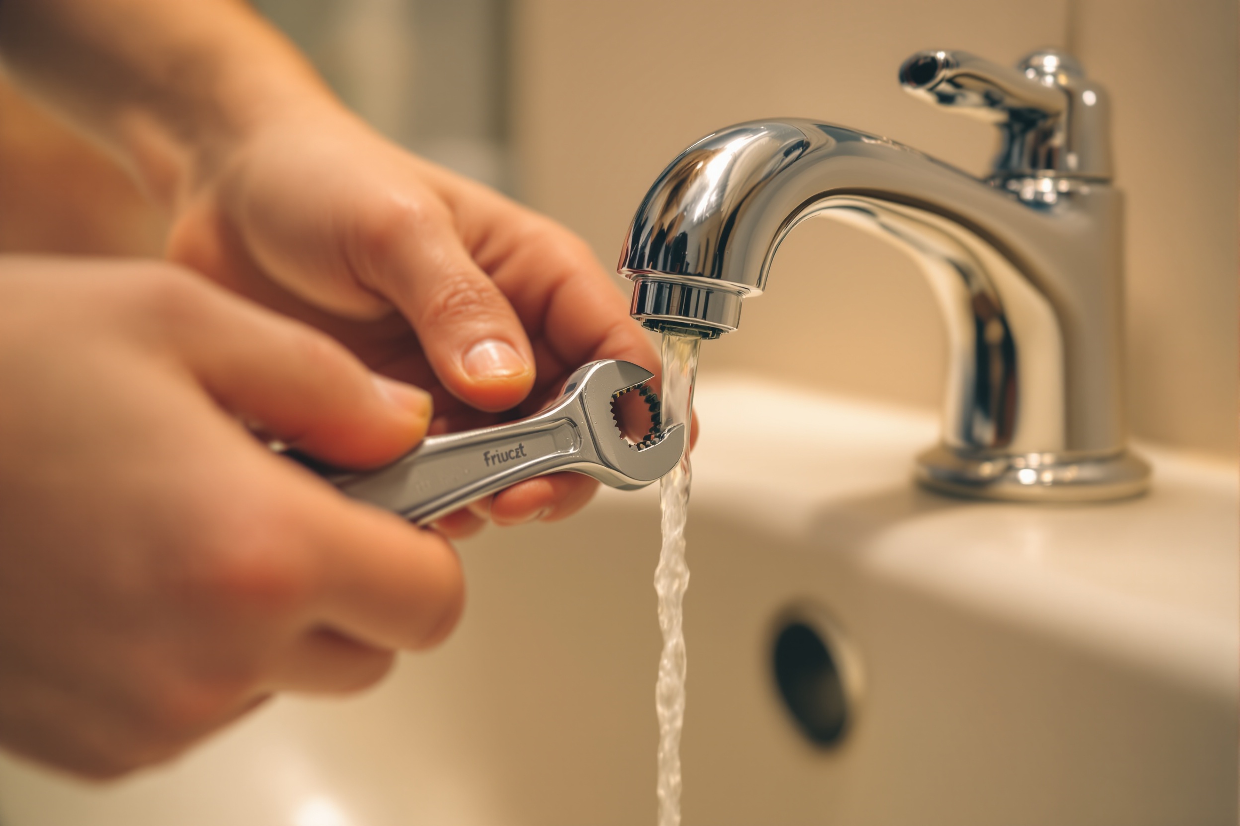 Hände reparieren eine tropfende Armatur am Waschbecken mit kleinem Werkzeug