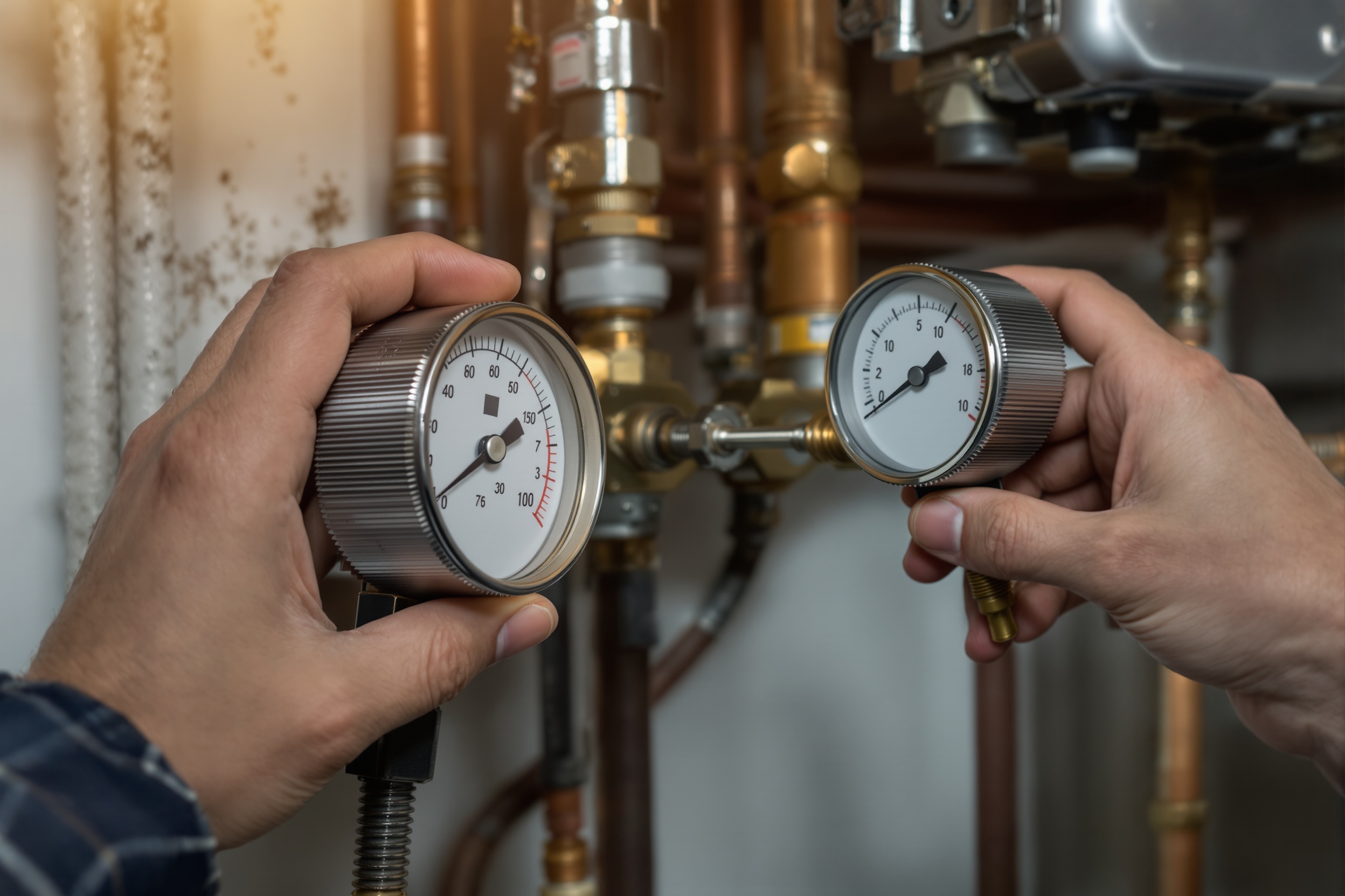 Hand prüft das Manometer einer Heizungsanlage mit kleinem Werkzeug