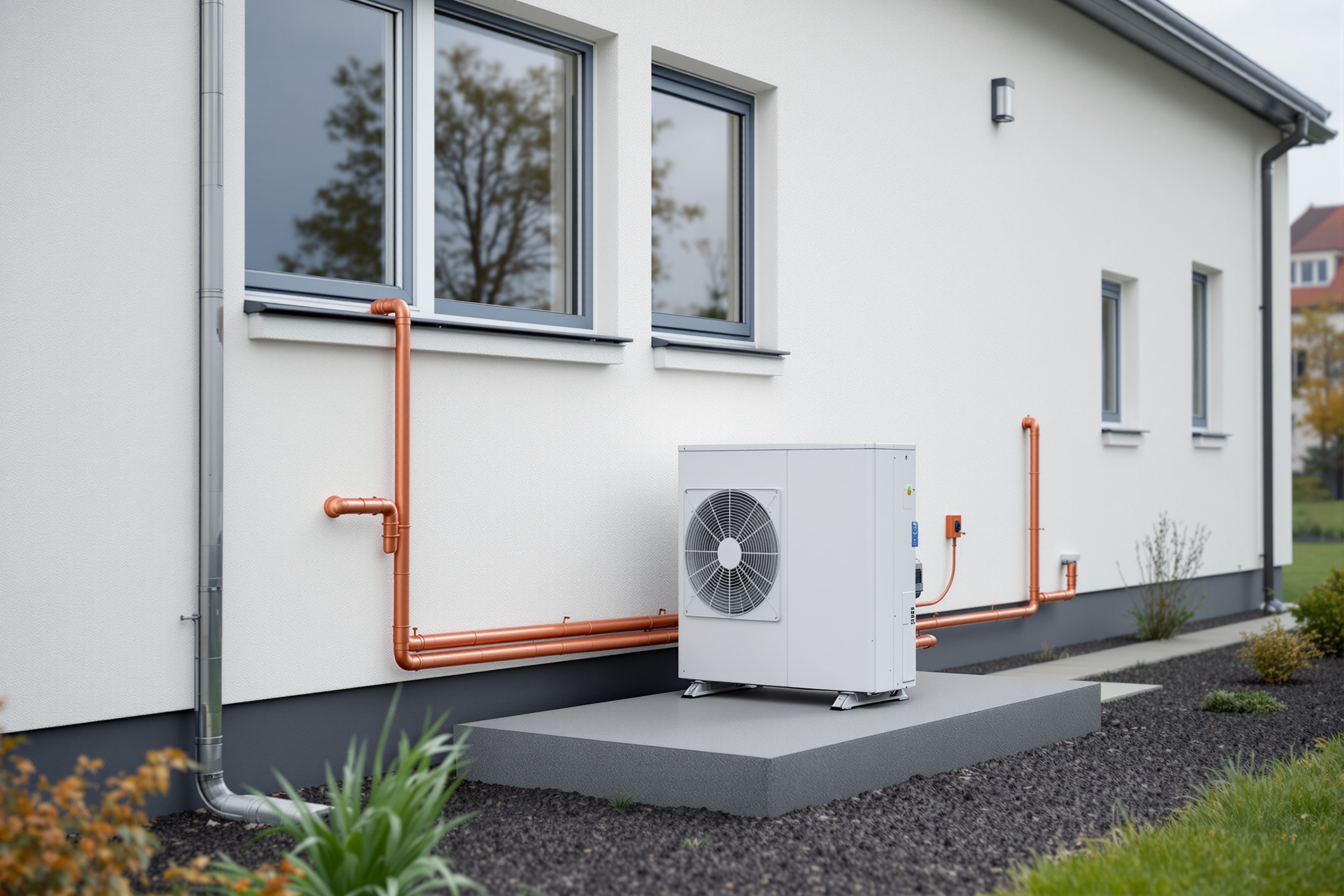 Moderne Luft-Wasser-Wärmepumpe am Haus mit sauberer Verrohrung — Heizung & Wärme vom Meisterbetrieb Studtfeld im Kreis Stormarn